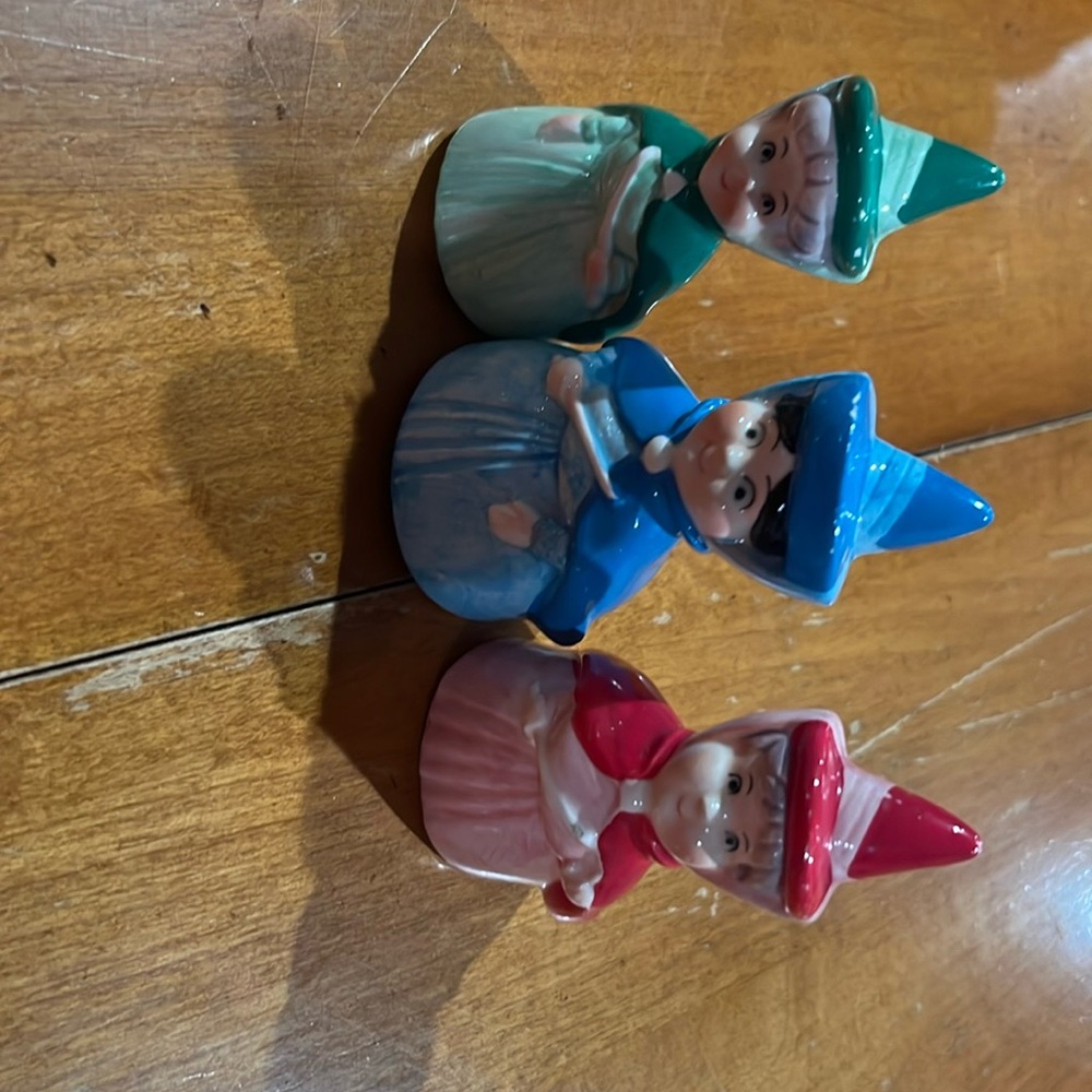 Vintage Disney Sleeping Beauty Porcelain Fairy Godmothers Flora Fauna Ornaments